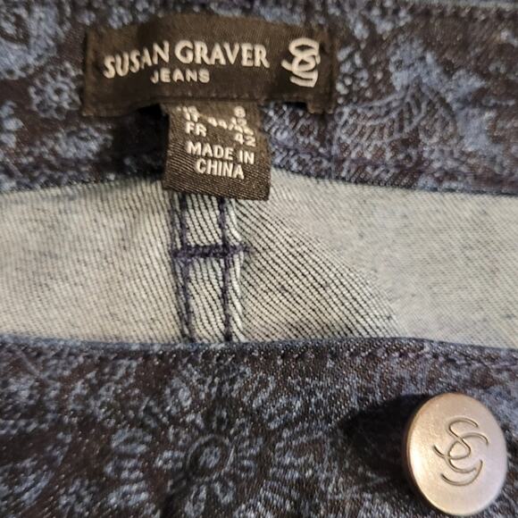 Susan Graver Sz 8 Jacquard Ankle Pants Navy Blue Floral Slim Stretch Career - Picture 7 of 11